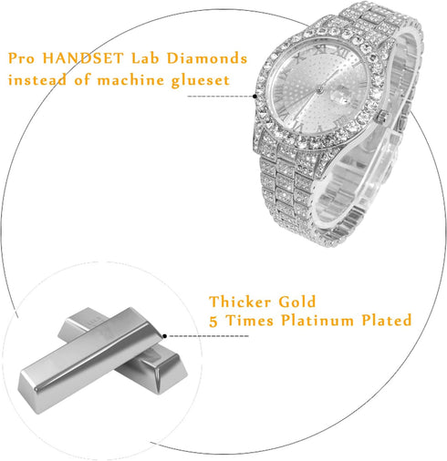 Halukakah Diamonds Gold Watch Iced Out,Men's 18K Real Gold/Platinum White Gold Plated 42MM Width Round Dial Quartz Wristband 9.5" with Cuban Link ...