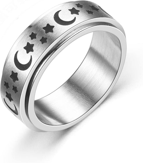 COLORFUL BLING 4 Piece Stainless Steel Spinner Band Ring Set Hypoallergenic Relieving Stress Moon Star Heart Sand Blast Finish Wedding Ring...