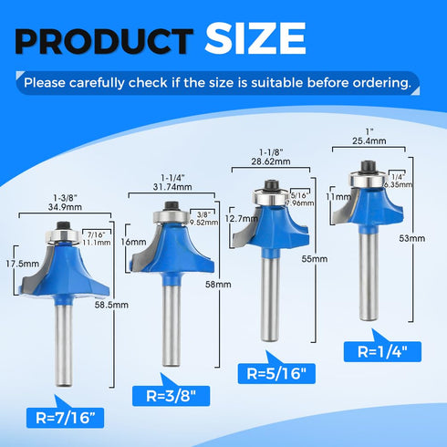 Yetaha 7Pcs 1/4 Inch Shank Roundover Edging Router Bit Set, Carbide Corner Rounding Edge Forming Router Bit, Woodworking Milling Tools, 1/8", 5/32...