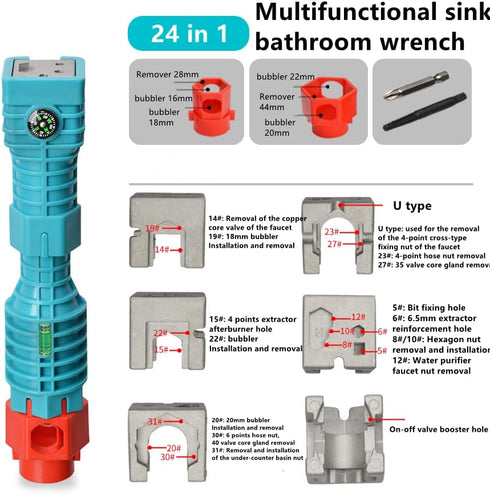 24 in 1 Faucet and Sink Installation Tool, Multifunction Plumbing Faucet and Sink Installation Wrench Water Pipe Wrench for Toilet/Sink/Kitchen Pl...