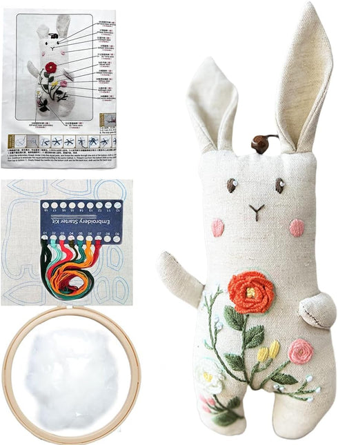 Pre-Stamped Embroidery Patterns Bunny Rabbit, Rose Sewing Full Needles and Thread Hoop Kit for Beginners Teens......