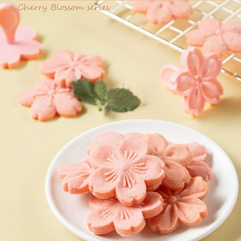 Pastry/Cookie/Fondant Stamper, 2-Inch Press Cookies Mold with 4 Stamps Pink Cherry Blossom Shape Flower Hand Pressure Pastry Tool Fondant Cutters ...