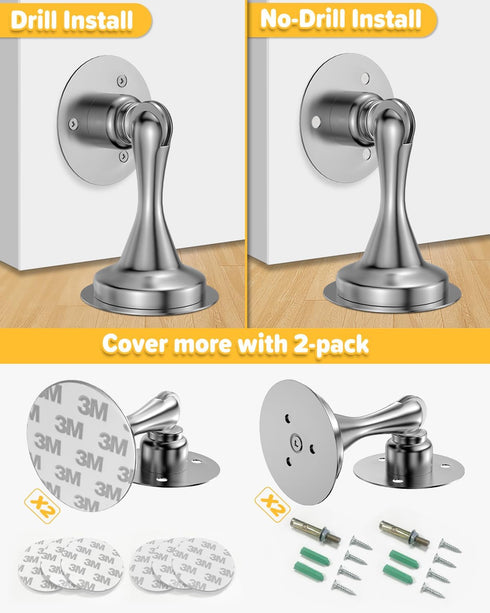 Door Stoppers Magnetic Door Catch - 2 Pack Stainless Steel Heavy Duty Door Holder Stops for Bottom Top of Door - Wall Floor Mounting No Drill 3M A...