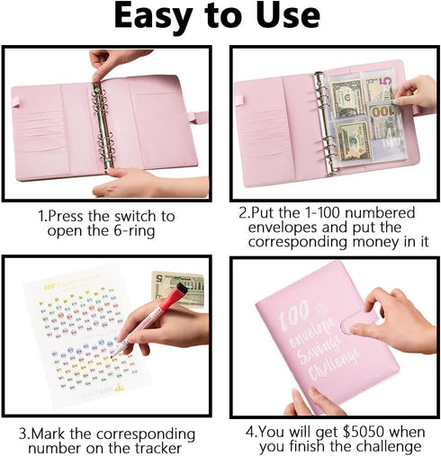AUSTARK 100 Envelopes Money Saving Challenge, A5 Cash Saving Binder with 100 Envelopes & Tracker to Save $5050 (Pink)...