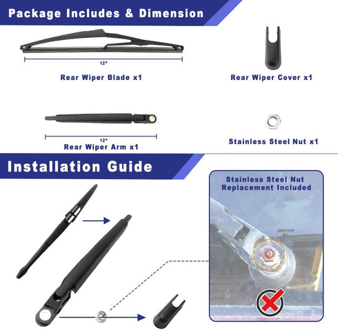 Rear Windshield Wiper Arm Blade Assembly Kit Compatible with 2008-2013 Nissan Rogue, 2011-2017 Nissan Juke Rear Window Wiper Replacement 28780JM00...