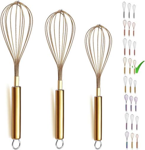 Berglander Gold Whisk Pack of 3 Stainless Steel 8",10",12", Titianium Plating Gold Whisks for Cooking, Beater,Wire Whisk Set Kitchen Wisk (Gold)...