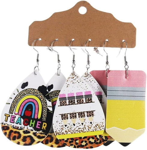 3 Pairs Teacher Pencil Earring Teacher Leather Dangle Earrings Set Colorful Pencil Ruler Apple Rainbow Print Leather Earrings for Women Gifts Jewe...