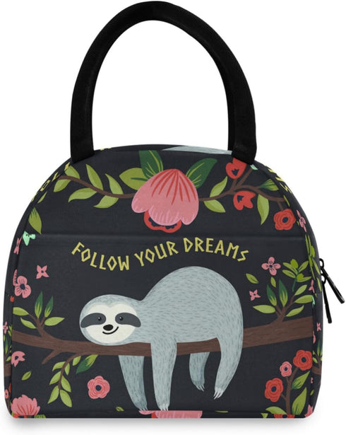 ZZKKO Animal Sloth Follow Your Dream Lunch Bag Box Organizer Lunch Container Insulated Zipper Meal Prep Cooler Handbag For Women Men Home School O...
