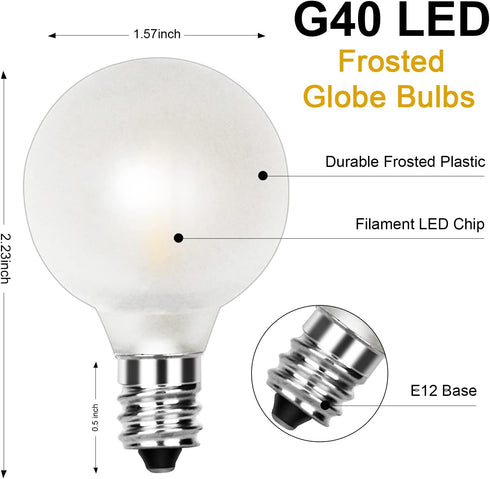 SUNSGNE 25 Pack G40 Led Replacement Light Bulbs, E12 Screw Base Shatterproof LED Globe Frosted Bulbs Light for Indoor Outdoor String Lights, 0.6wa...