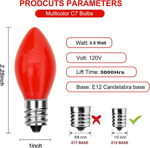 25PK C7 Christmas LED Replacement Bulbs,C7 Ceramic Red LED Bulb,0.6W E12 Base Bulbs for Patio Home Outdoor&Indoor Christmas Decor...