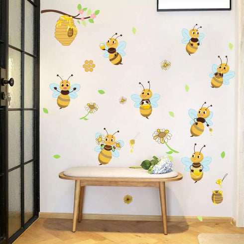 Yellow Bee Wall Stickers Flower Beehive Branch Wall Decals Art Decor for Kids Bedroom Nursery Playroom...
