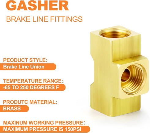 GASHER 2PCS Brass Brake Line Tee Fittings 7/16"-24 Threads Inverted Flare Female Union for Fuel/AIR/Lquid/Gas...