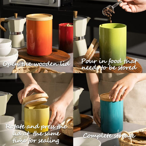Sweejar Ceramic Food Storage Jar, Stackable Kitchen Canisters, Containers with Airtight Seal Wooden Lid for Serving Ground Coffee, Tea, Sugar, Sal...