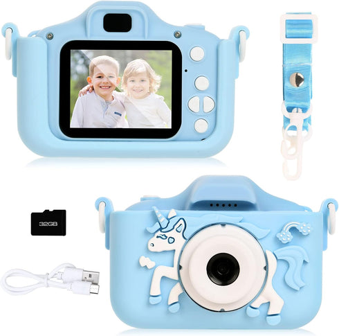 Kids Camera, Kids Selfie Camera with Unicorn Silicone Cover, Digital Camera with Photo Stickers and Puzzle Games, Boys and Girls Gifts, with 32GB ...