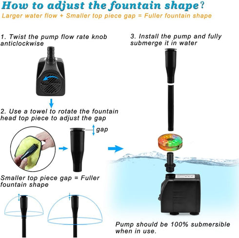 15W 220 GPH Submersible Fountain Pump with LED Light, Ultra Quiet Adjustable Water Pump (800L/H) for Water Feature, Hydroponics, Garden, Pond, Aqu...