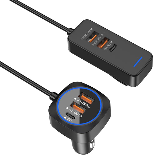 Car USB Charger Multi Port with 5.9FT Extension, QC3.0 76W Fast Charging Cigarette Lighter USB C Charger Adapter Multiple Ports for Mobile Phones ...