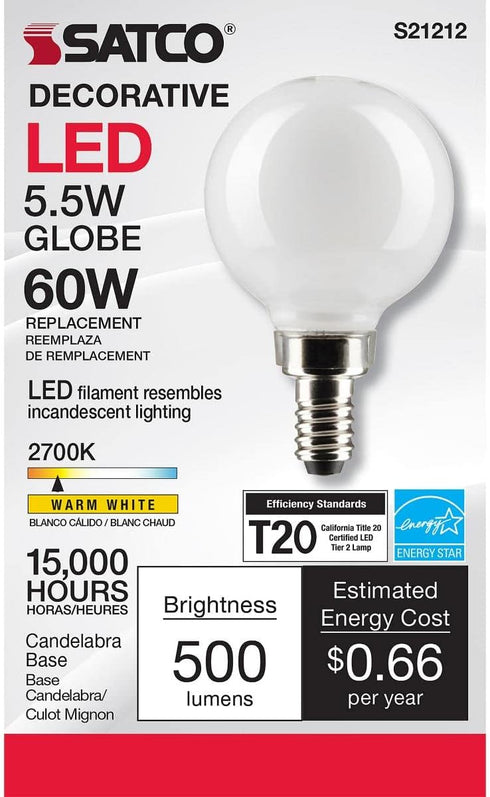 Satco 5.5-Watt LED E12 Light Bulb, 2700K, 15000 Hour Rating, Dimmable...