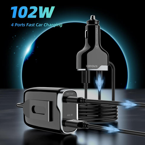 SUNDAREE 12v USB Charger Multi Port,102W Super Fast Car Charger with 5FT Cable - Cigarette Lighter USB Charger for iPhone and Samsung & More - Bla...