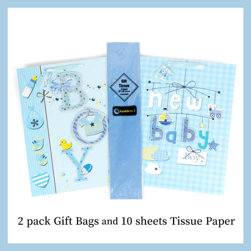 Golden J Store 16.5" Extra Large Baby Gift Bags with Tissue Papers for Baby Showers 2-Pack (Blue)...
