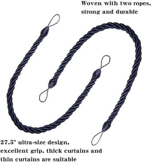 BEL AVENIR Curtain Rope Tiebacks, Drapery Rope Holdbacks with 4 Metal Screw Hooks (Navy, 4pack)...