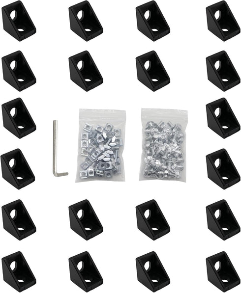 20pcs Black 2020 Series 1720 Aluminum Profile Corner Bracket with 40pcs M5 T Nuts +40pcs M5 Screws + 1pcs Wrench for Slot 6mm 20S Aluminum Rail Ac...