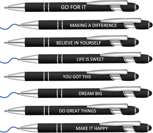 8 Pcs Blue Ink Inspirational Pens for Women Quotes Pen Metal Ballpoint Pen with Stylus tips for Office Gift (Black)...