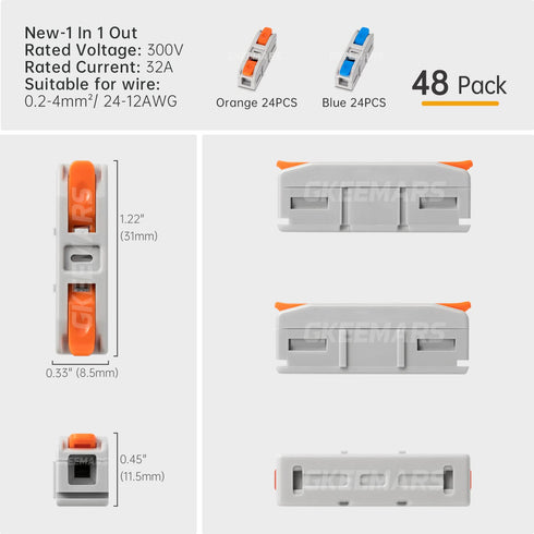 GKEEMARS 48Pcs Lever Wire Connectors, 1 Conductor DIY Splicing Connectors Kit for Circuit Inline 24-12 AWG...