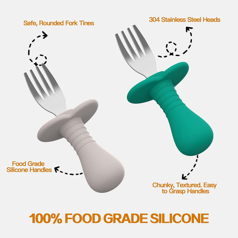 2 Pcs Baby Forks Toddler Forks for Self Feeding, Kids Forks with Silicone Round Handle, Stainless Steel Toddler Utensils Children Safe Silverware ...