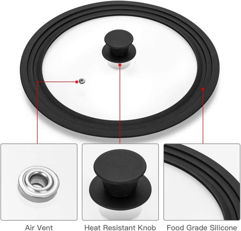 Universal Lid for Pots,Pans and Skillets - Tempered Glass with Heat Resistant Silicone Rim Fits 6", 7" and 8" Diameter Cookware,Black...