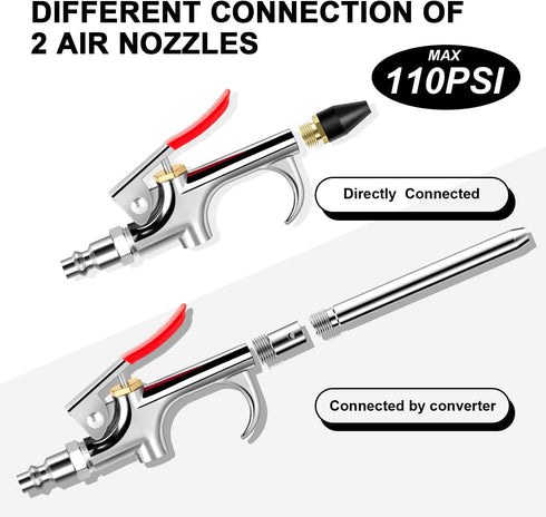 9 Pcs 2-Way Connection Air Nozzle Blow Gun Sets, Air Nozzle Kit with 1/4 Inches Standard Quick Fitting and 4 Air Nozzles, Air Compressor Accessori...