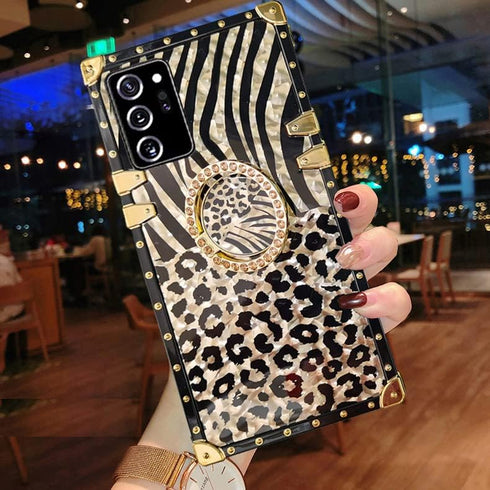 for Samsung Galaxy A52 Trunk Case,Luxury for Women Girls Box Design Gold Glitter Bling Cute Leopard Pattern Soft Cover with Finger Ring Grip Kicks...