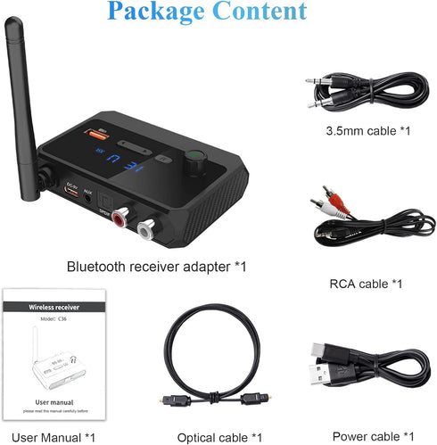 Bluetooth Receiver Adapter - Bluetooth 5.3 Audio Receiver Wireless Music Adapter for Home Stereo/Car Stereo/AV Receiver/Headphone/Speaker, Optical...