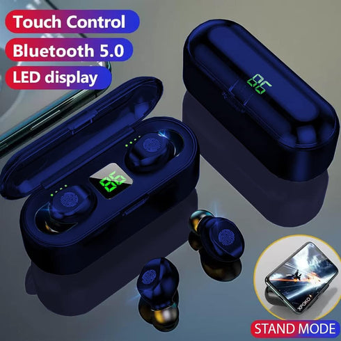Fully Wireless Bluetooth 5.0 Rechargeable IPX7 Waterproof Earbud Headphones w Microphone, 2000mAh USB Smart Dual Charging Case/Stand Surround Ster...