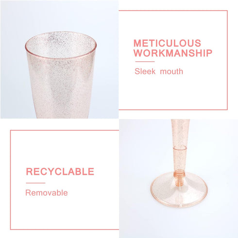 Disposable Champagne Flutes, 6PC Rose Gold Glitter Plastic Champagne Glasses for Parties, 6.5 OZ...