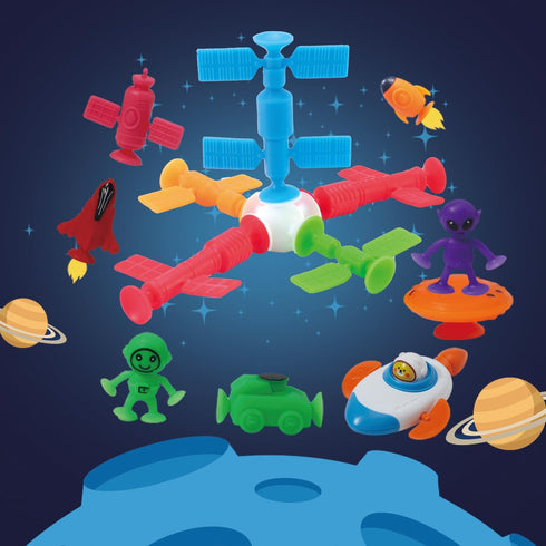 Suction Bath Toys for Kids, 21 Pcs Silicone Outer Space Themed Suction Cup Toys with Wind-Up Toys, No Hole Bath Toy, Sensory Window Building Toys ...
