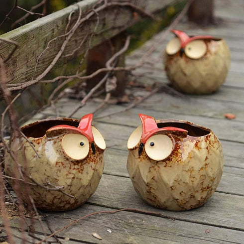 GeLive Owl Planter Ceramic Succulent Plant Pot Fun Animal Flower Container Decoration Tabletop Decor Windowsill Box with Drainage Hole (Round Owl ...