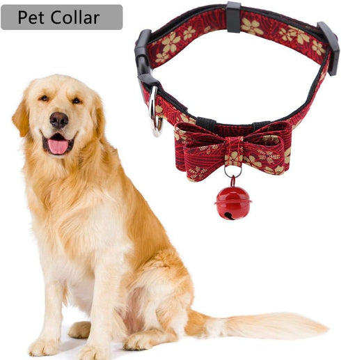 Dog Collar Bow Tie Collar, Dog Cat Collar with Bowtie,Soft Adjustable Cute Flowers Printed Dog Collar with Bow Tie Bell Pet Collar for Cat Small M...