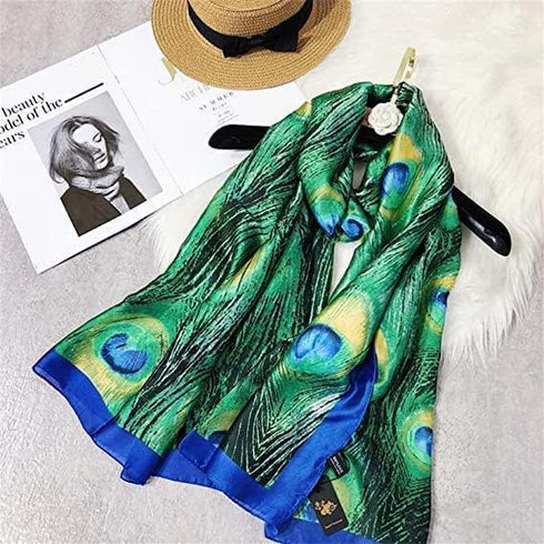 Fashion Women Silk Scarf Long Large Peacock Feather Print Wrap Shawl Scarves Headscarf...