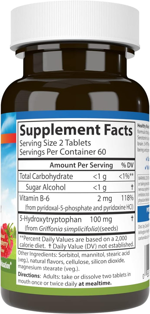 Carlson - Healthy Mood 5-HTP Elite, 100 mg, Serotonin Production, Healthy Mood & Promotes Relaxation, Natural Raspberry Flavor, 120 Tablets...