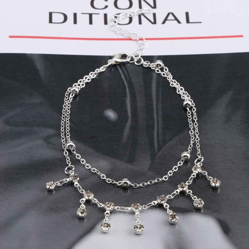 Boho Layered Rhinestone Ankle Bracelet Silver Dangle Crystal Anklet Bracelets Cz Tassel Anklets Glitter Tennis Foot Chain Jewelry for Women and Gi...