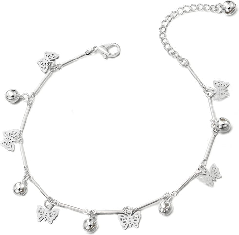 COOLSTEELANDBEYOND Stylish Stick Link Chain Anklet Bracelet with Dangling Butterflies and Jingle Bell, Adjustable...