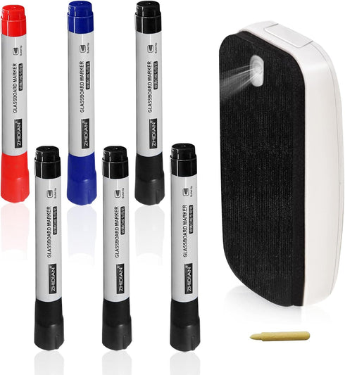 Glass Dry Erase Markers & Spray Magnetic Glass Board Eraser - Reversible Dual Tip Erasable Glass Markers for Acrylic White Board, 2-in-1 Liquid Wh...