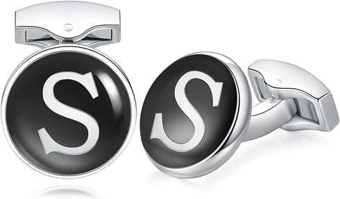 HONEY BEAR Initial Alphabet Letter Cufflinks Round for Mens Wedding Gift,Black A-Z...