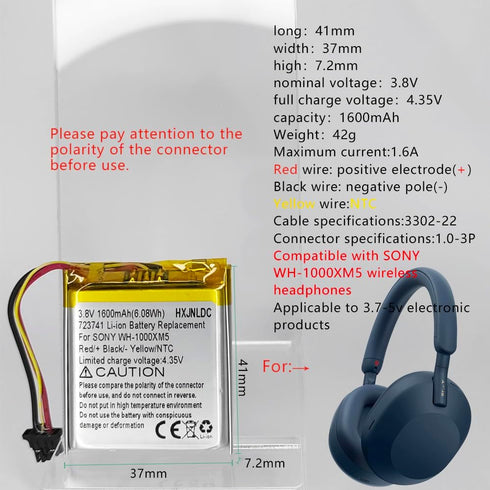 DC 3.8V 1600mah Lithium Battery Replacement for Sony WH-1000XM5 Bluetooth Wireless Noise canceling Stereo Headset 723741......