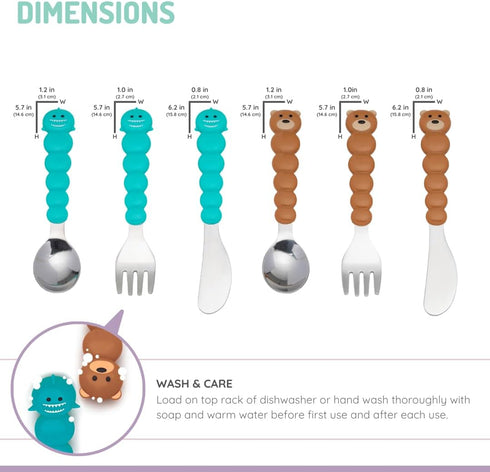 melii Toddler and Kid Feeding Spoon Fork & Knife Set, Stainless Steel – Bulldog, Cat, Shark, Bear– BPA Free, Dishwasher safe (Bear & Shark 6pc)...