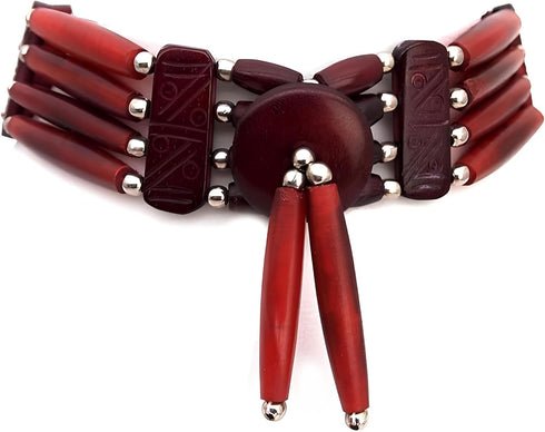American Indian Style Bone Choker Necklace, 4 Row Burgundy Red Traditional Hairpipe Beads, Unisex Adjustable...