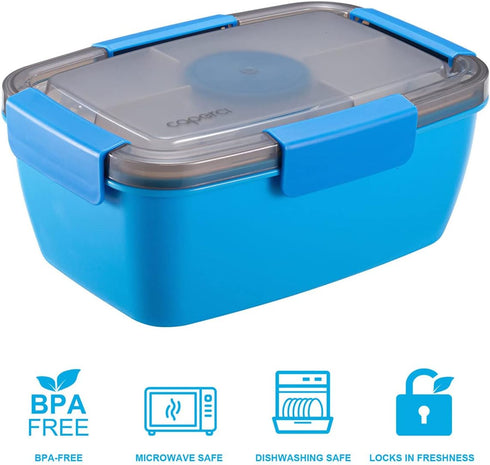 Caperci Salad Lunch Container with 68 oz Salad Bowl - Large Adult Bento Lunch Box, 5-Compartment Bento-Style Tray for Toppings, 2pcs 3-oz Sauce Cu...