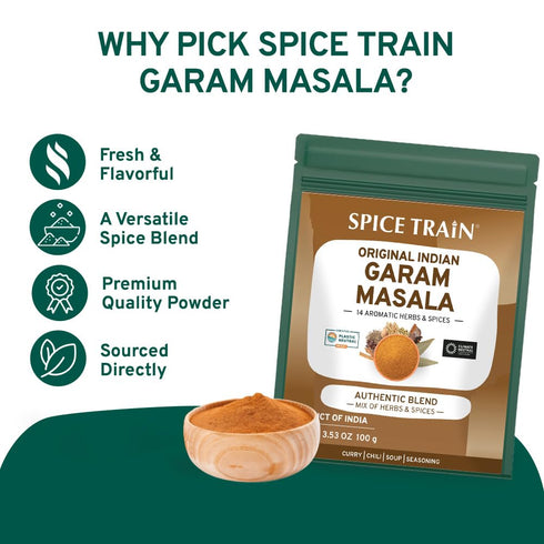 SPICE TRAIN, Garam Masala Powder (3.53oz/100g) Blend of 14 Indian Spices | Aromatic, Gluten Free & Non GMO | 100% Pure, No Fillers, Perfect For Co...