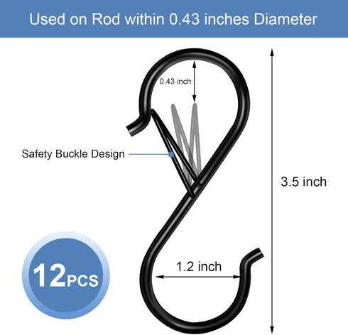 12 Pack S Hooks for Hanging, 3.5 inch Safety Buckle Design Heavy Duty Metal Black S Hooks for Hanging Plants, Pots, Pans, Cups, Clothes, Towels, B...