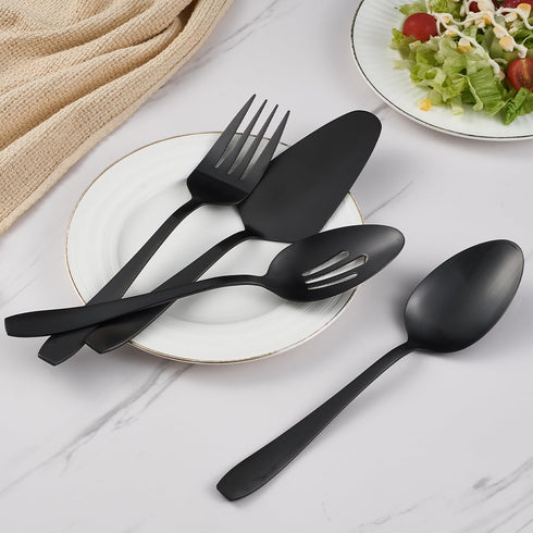 Matte Black Serving Set, 4-Piece Stainless Steel Large Hostess Set Include Slotted Spoon Serving Spoon Serving Fork and Cake Server, Ideal for Buf...